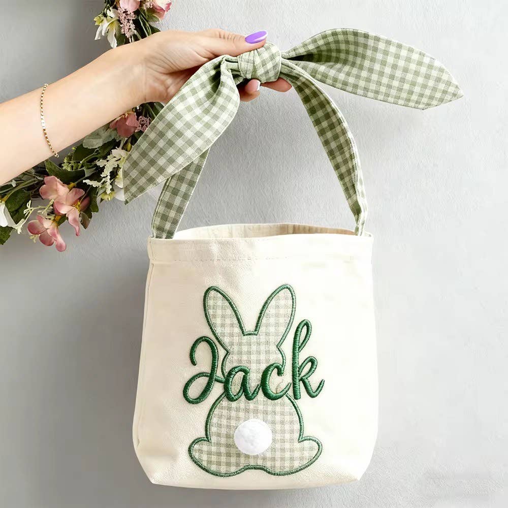 Custom Embroidered Gingham Bunny Easter Basket – Personalized Keepsake