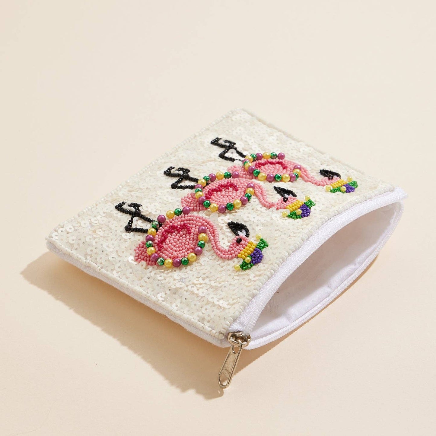 Mardi Gras Flamingo Beaded Sequin Zip Pouch