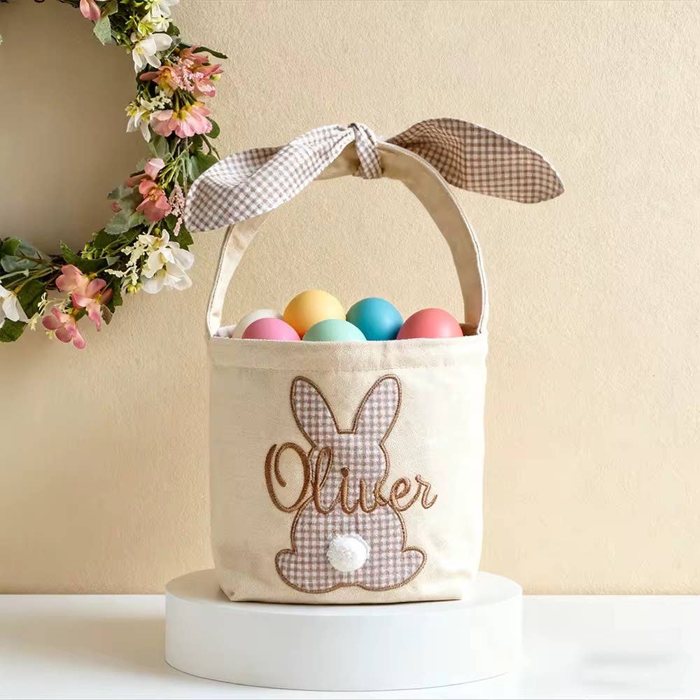 Custom Embroidered Gingham Bunny Easter Basket – Personalized Keepsake