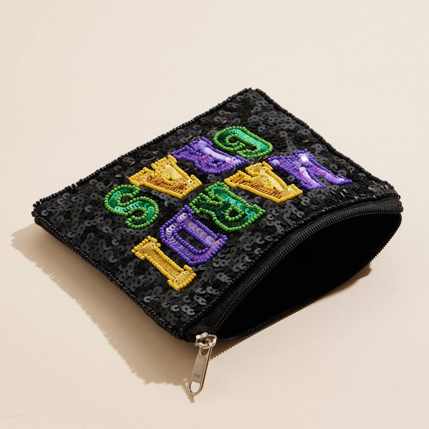 Mardi Gras Beaded Sequin Zip Pouch