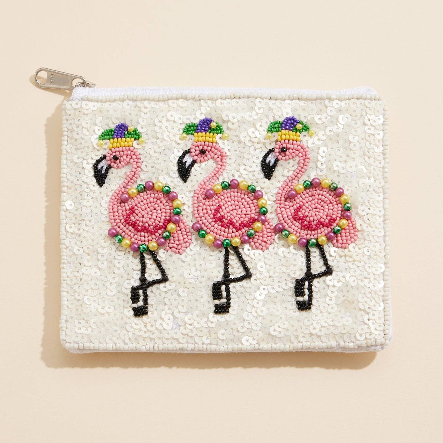 Mardi Gras Flamingo Beaded Sequin Zip Pouch