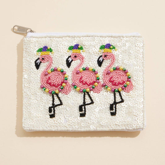 Mardi Gras Flamingo Beaded Sequin Zip Pouch