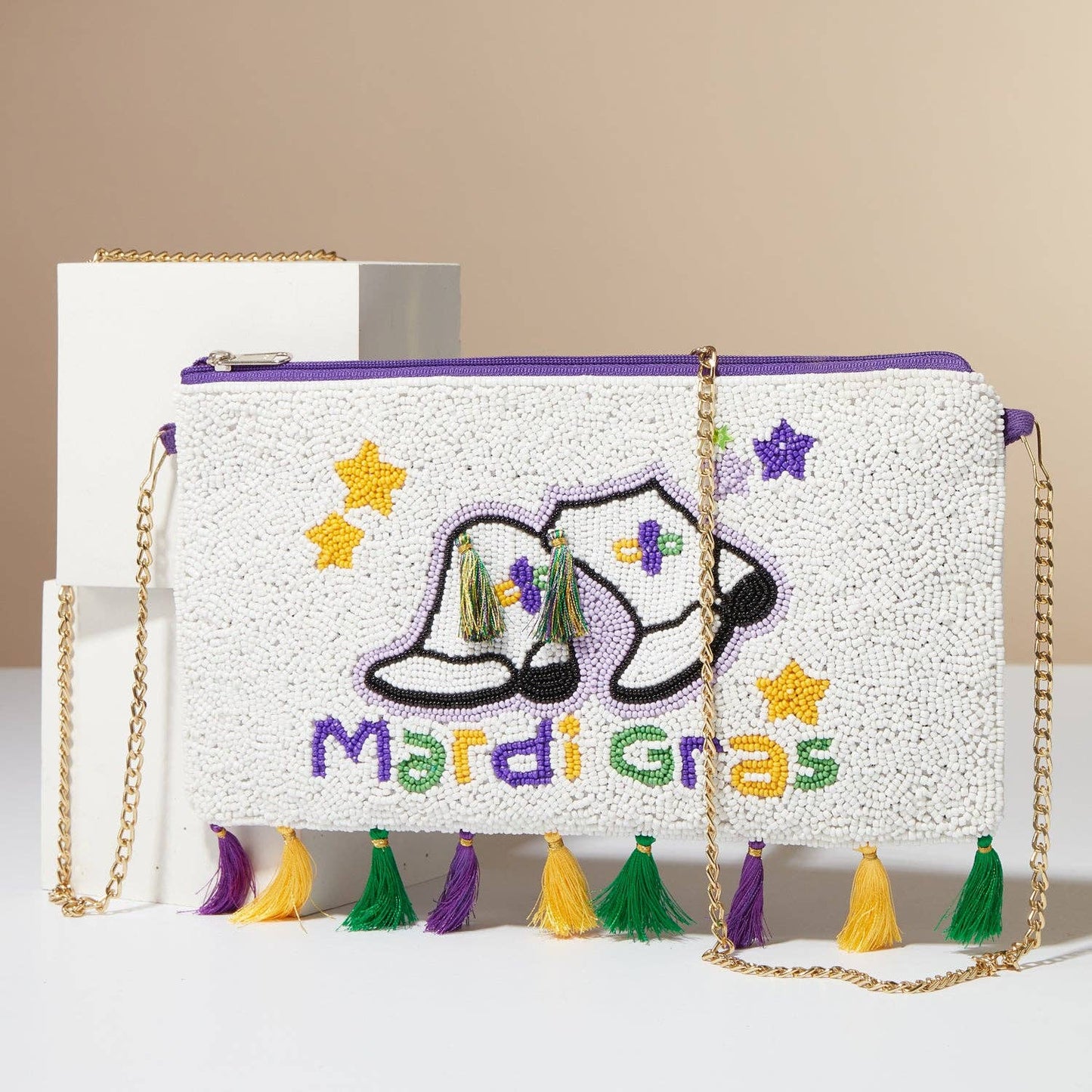 Mardi Gras Boots Beaded Clutch Bag with Tassels