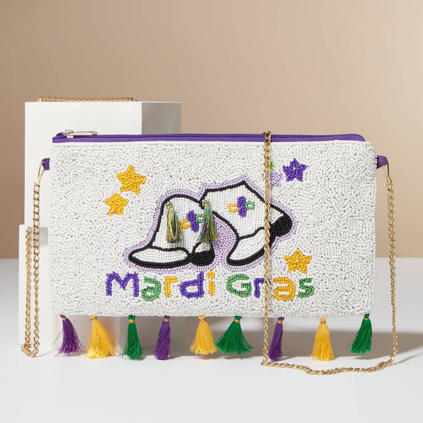 Mardi Gras Boots Beaded Clutch Bag with Tassels