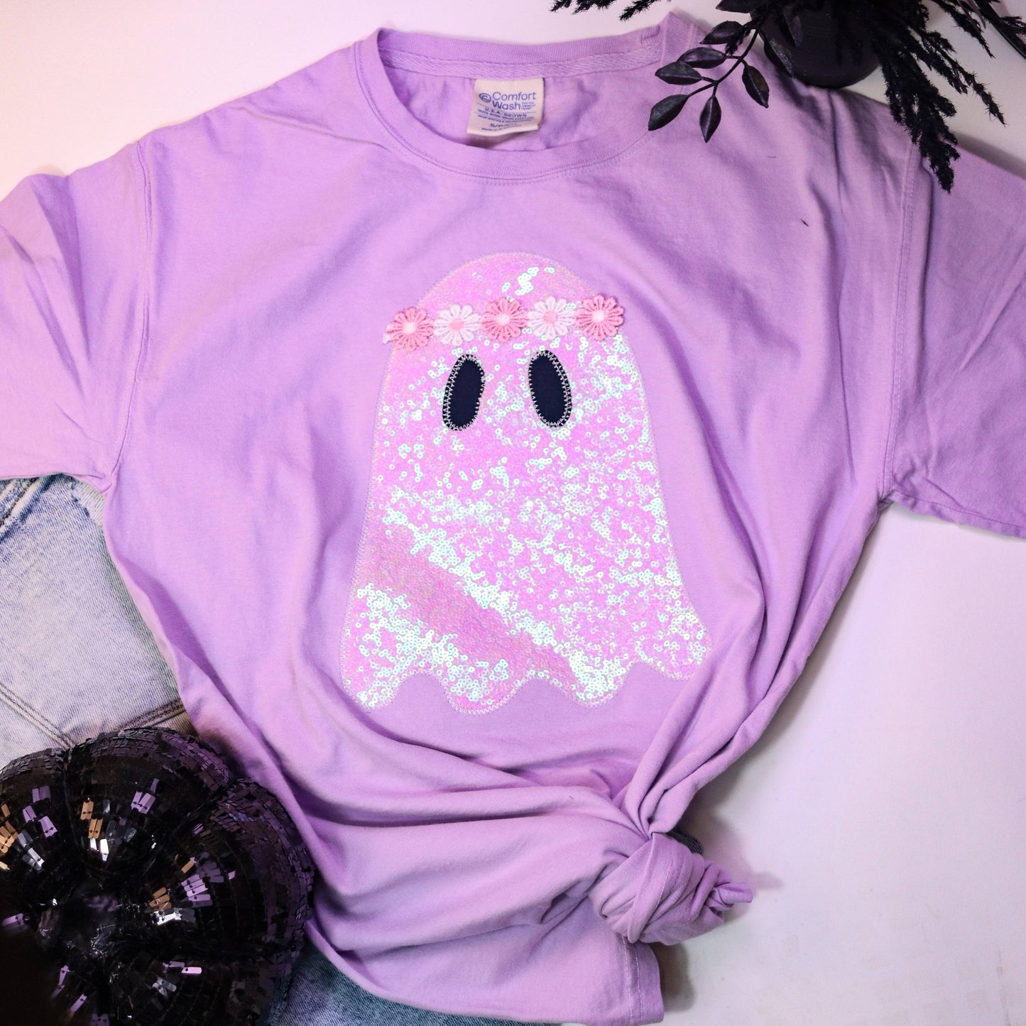Groovy Ghost Applique Halloween Short Sleeve T